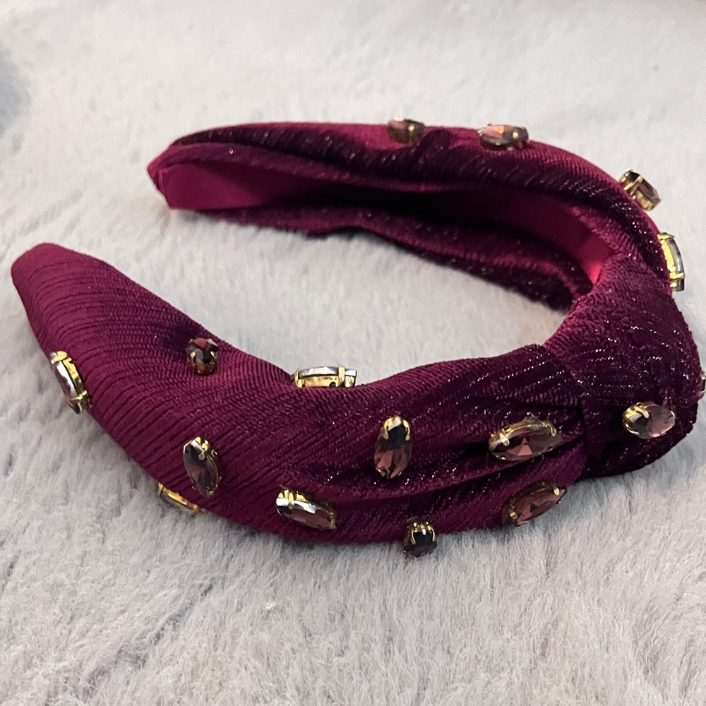 Anthropologie Velvet Jeweled Headband in maroon/Merlot wine - Picture 3 of 5